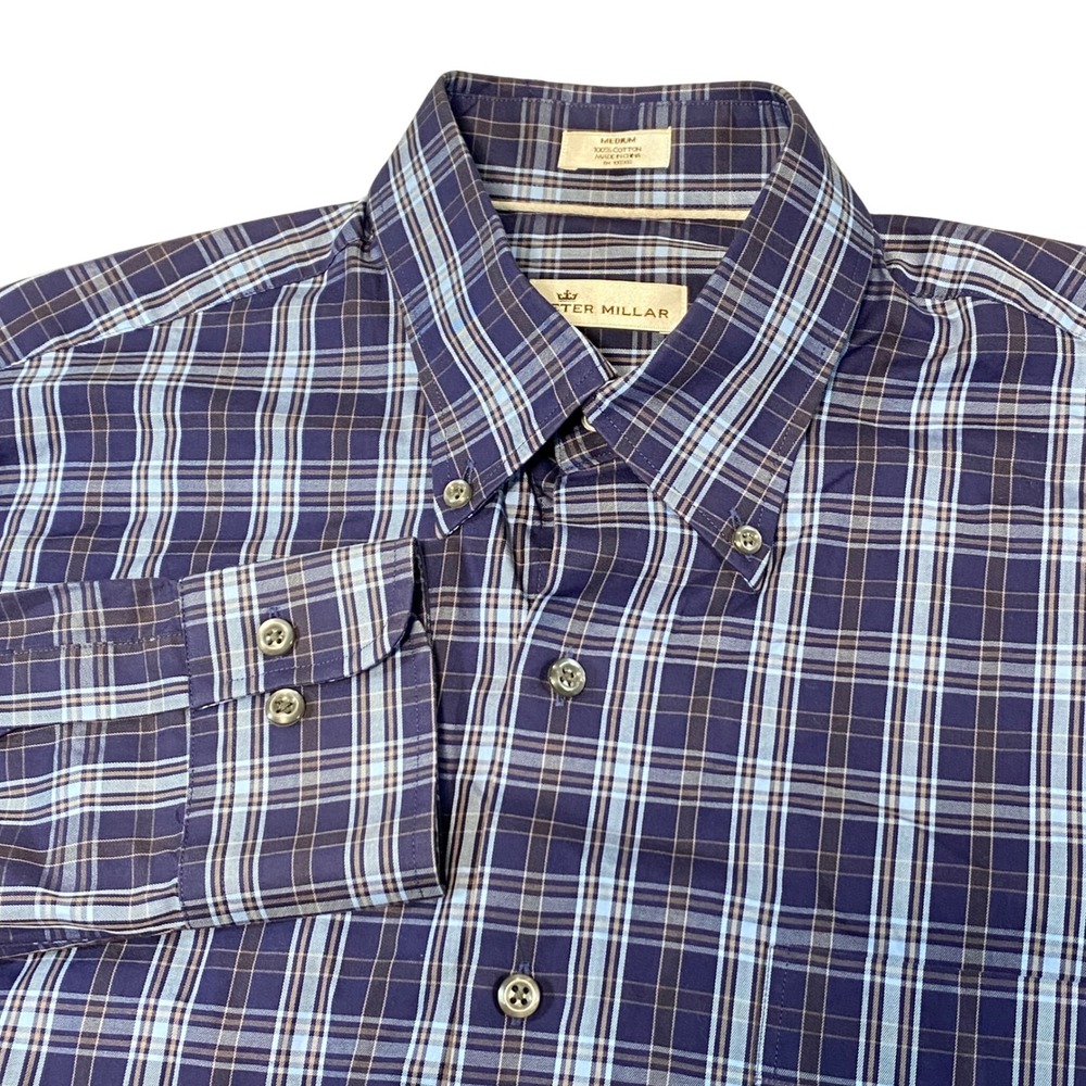 Peter Millar Mens Plaid Button Down Shirt Navy Blue Cotton Medium
